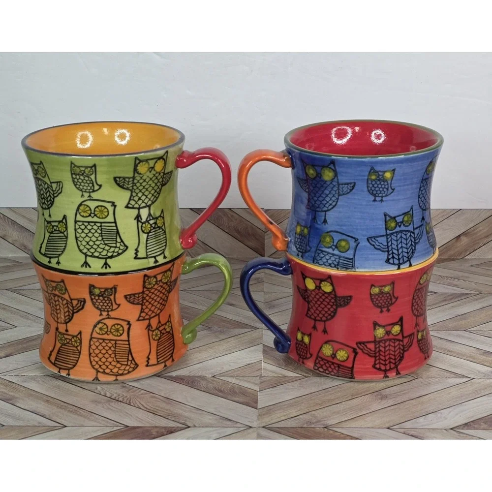 Pier 1 Imports Handpainted Owl Stacked Coffee Tea Mugs Cups Set of 4